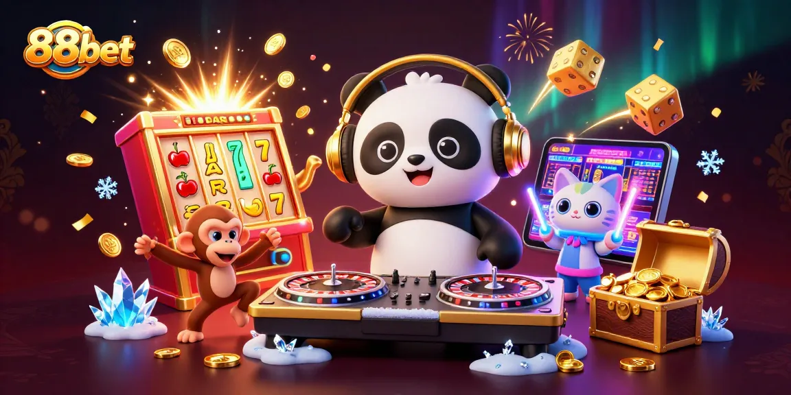 Spin to win with 88bet in this vibrant, action-packed casino scene featuring DJ panda and friends.