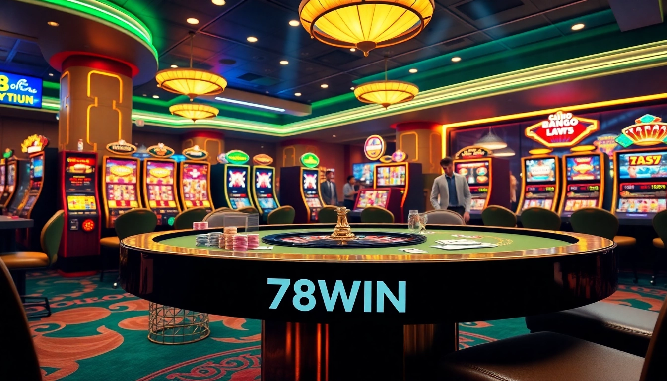 Experience thrilling gameplay at 78WIN with a vibrant casino environment featuring poker chips and roulette tables.