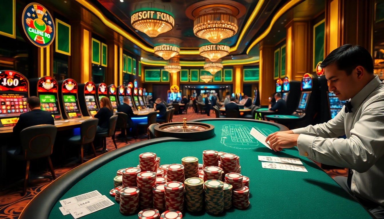 Exciting casino scene featuring nhà cái 123WIN with poker chips, cards, and roulette activities.