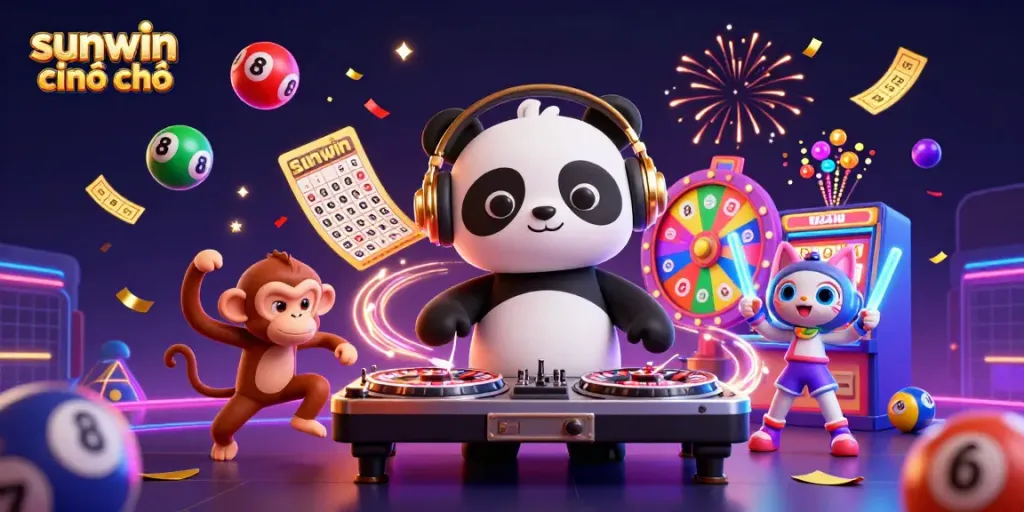 Experience the excitement at Sunwin chính chủ with a vibrant 3D scene of animated characters enjoying games and prizes.