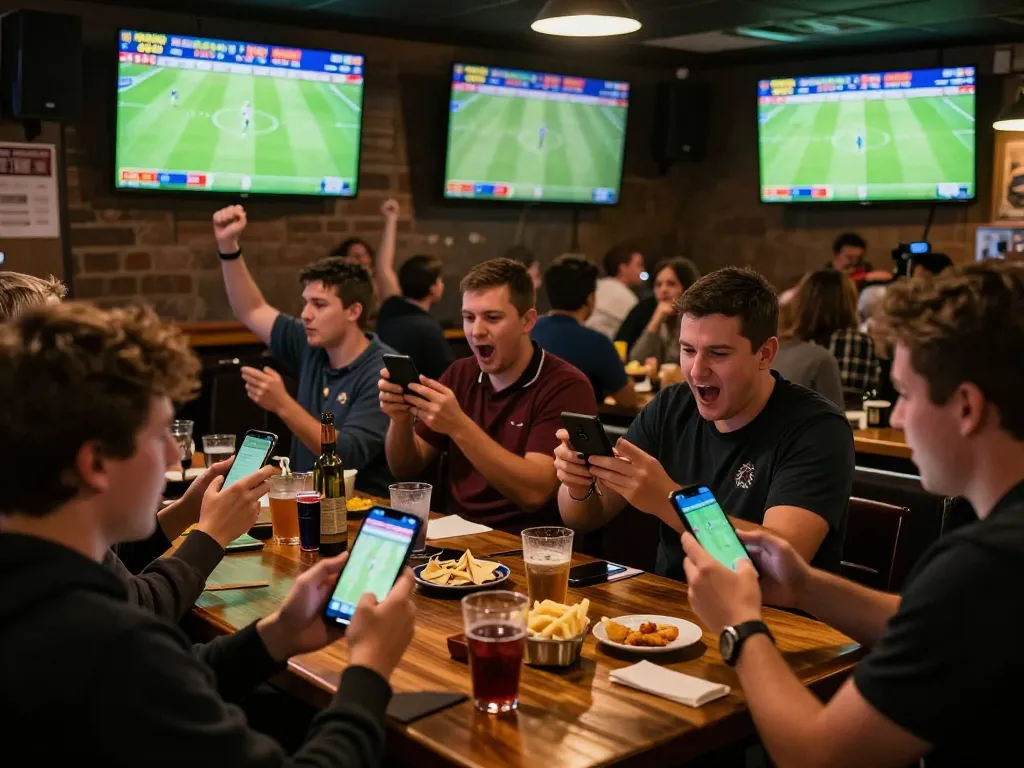 Fans engaging with Nhà cái Sky88 during a live football match, syncing bets through mobile devices in a lively sports bar.
