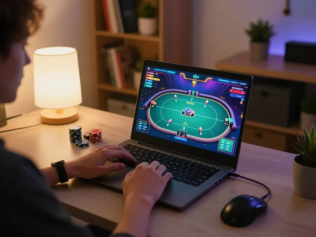 Engaging with live poker action on vin88sa through a laptop in a cozy home setting