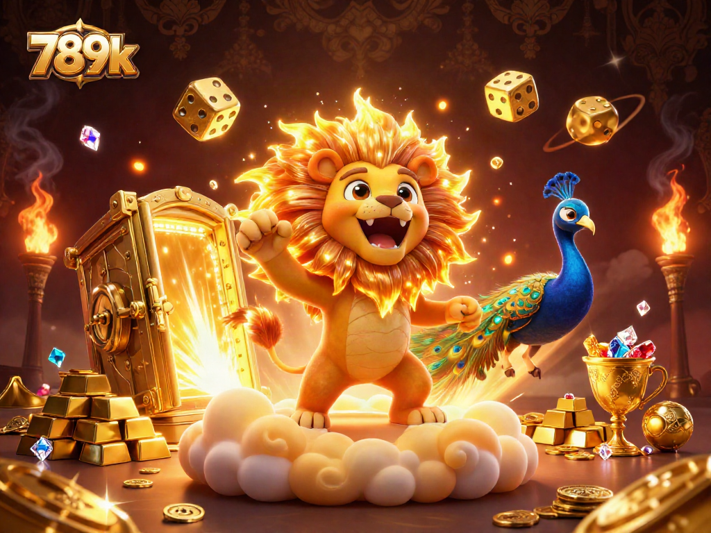 Engage with 789k as the roaring sun lion dominates a vibrant casino scene filled with treasures.