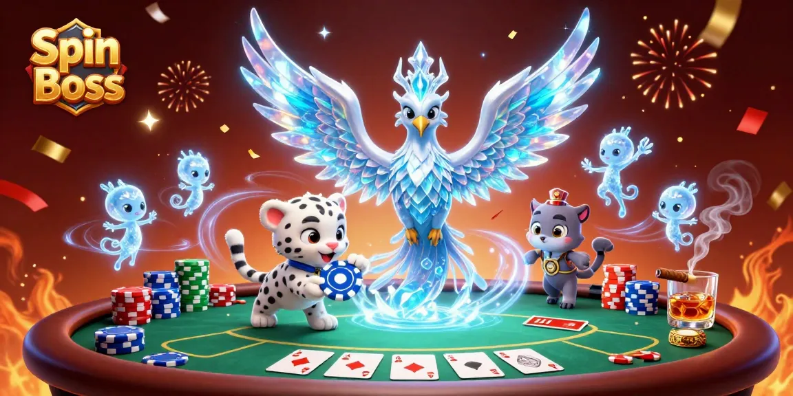 Vividly depict Spin Boss celebrating poker wins with enchanting characters, chips, and festive confetti.