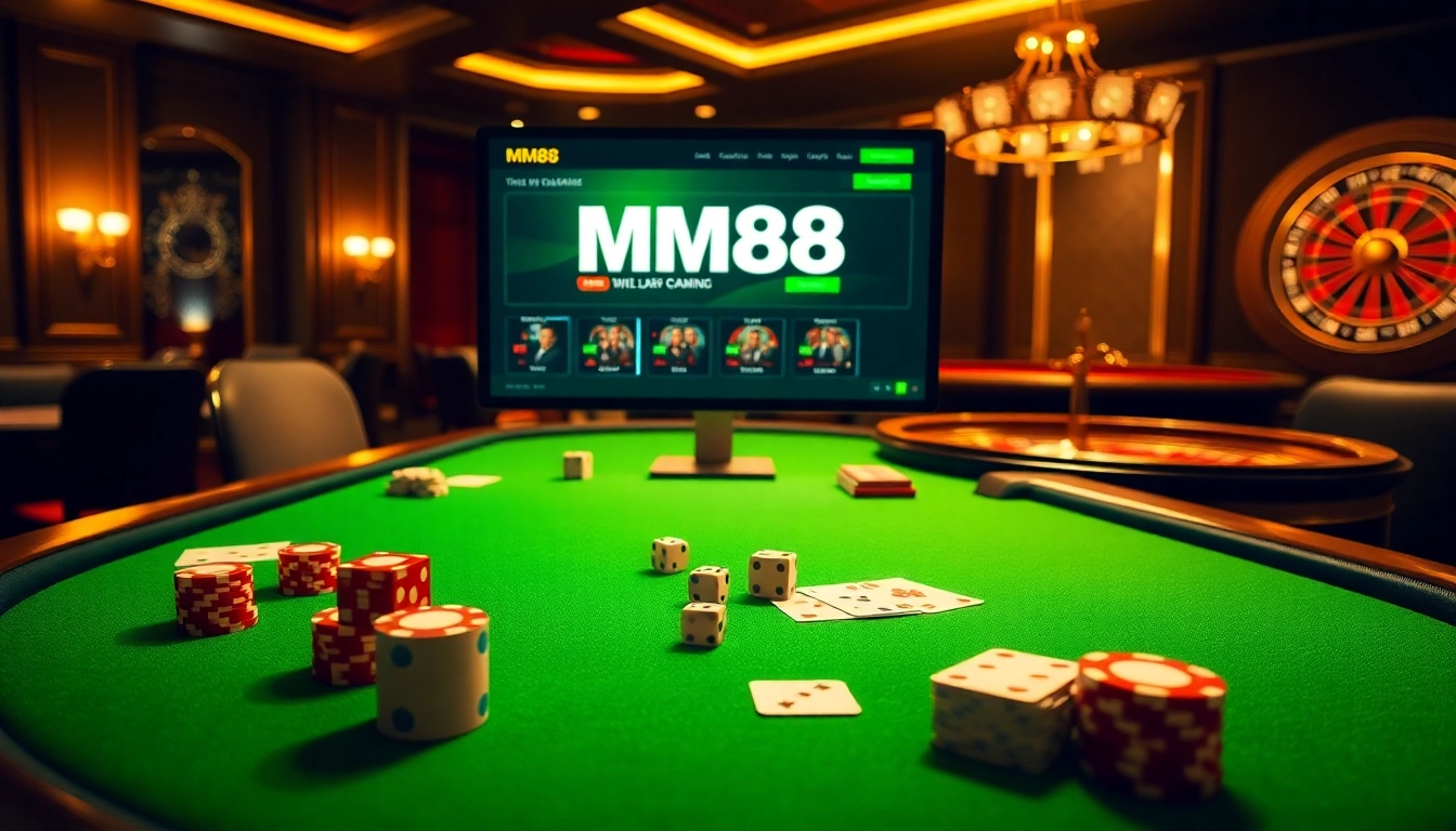 MM88 casino atmosphere with vibrant poker chips, cards, and an inviting betting interface.