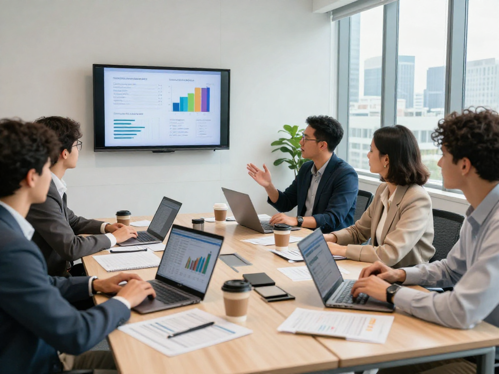 Professionals bespreken zakelijke lening opties in een moderne kantooromgeving met laptops en analyses.