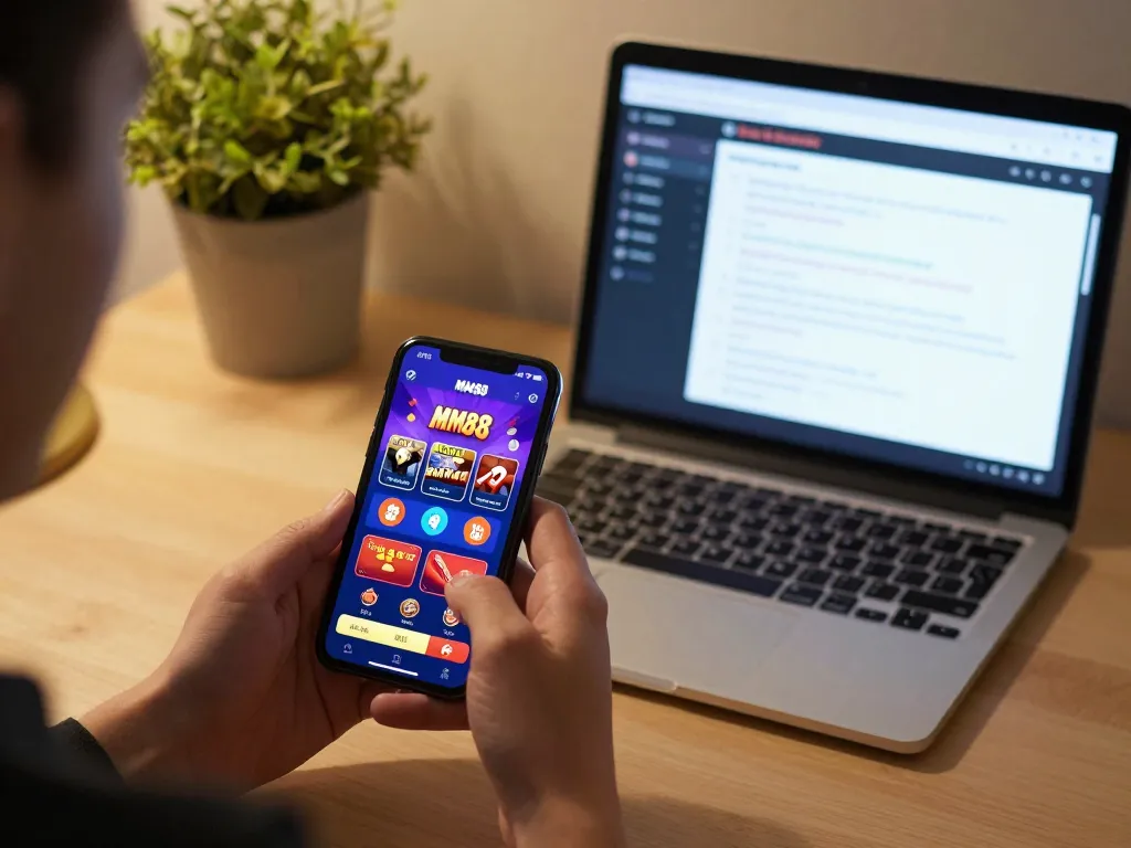 Experience immersive casino gaming with MM88 reisen, featuring a user strategizing on a smartphone while enjoying cozy home vibes.