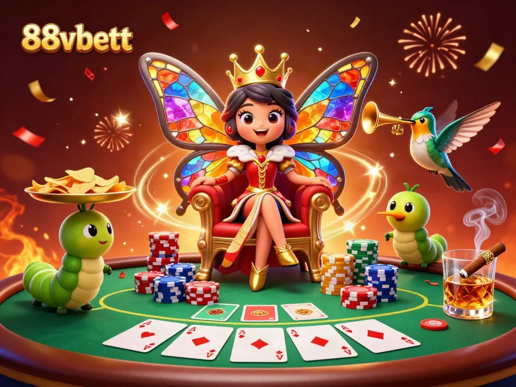Experience the vibrant world of 88vbett with a mystical butterfly queen amidst poker action and excitement.