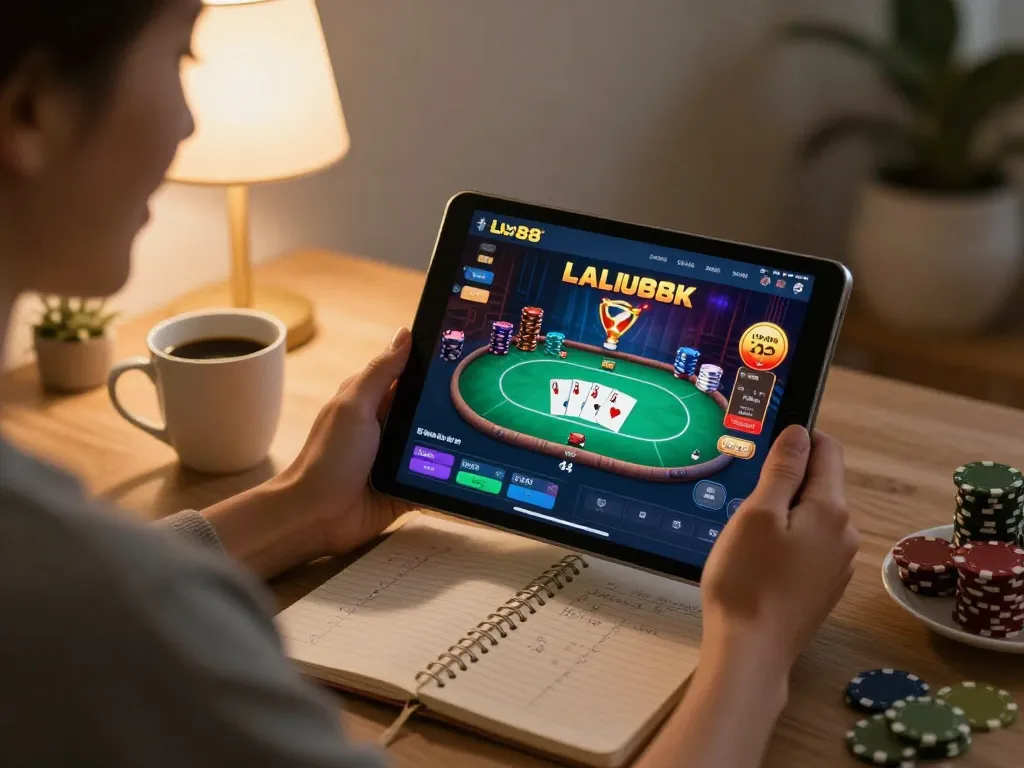Cổng game Lu88 shown on a tablet as a player enjoys online poker in a cozy home setting.