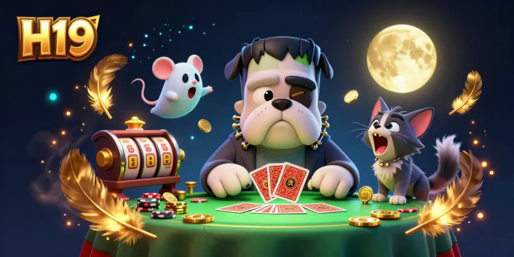 Experience H19's thrilling casino atmosphere with a playful Frankenstein dog dealer and mystical elements.