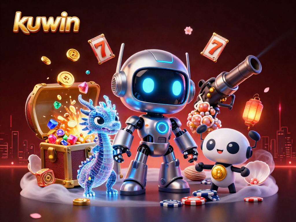 Kuwin gaming scene featuring a cyberpunk robot with a holographic dragon and bitcoin drone, surrounded by exciting gambling elements.