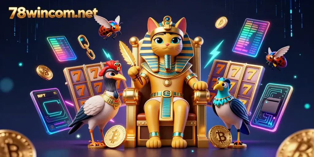 Spin and win big at 78wincom net with a vibrant 3D illustration showcasing a golden pharaoh cat and exciting game elements.