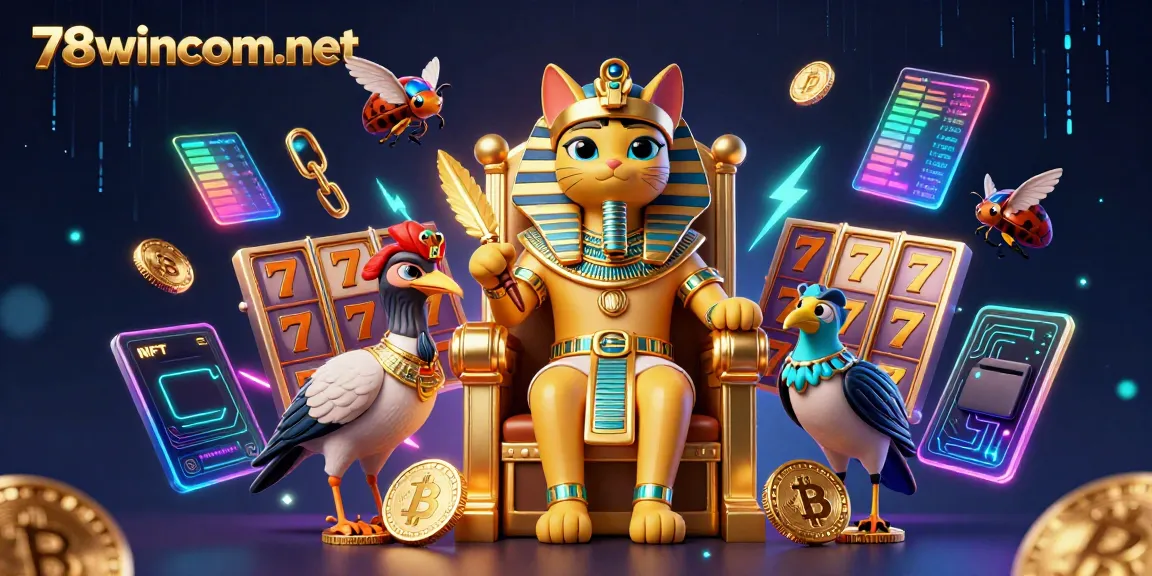 Spin and win big at 78wincom net with a vibrant 3D illustration showcasing a golden pharaoh cat and exciting game elements.