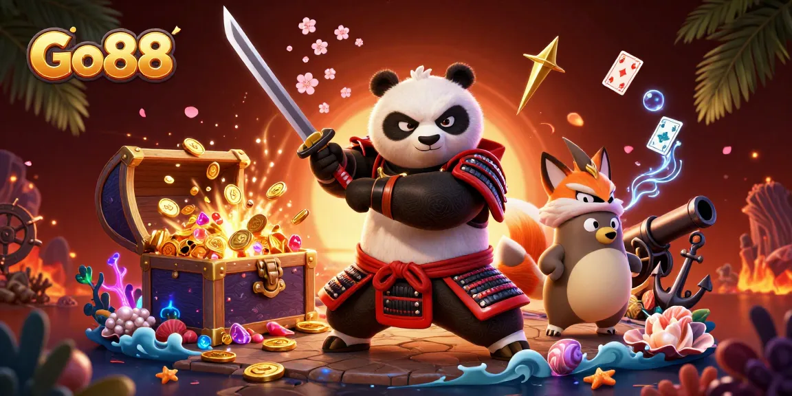 Experience thrilling gameplay at Go88 with a dynamic illustration of characters amidst magical elements.