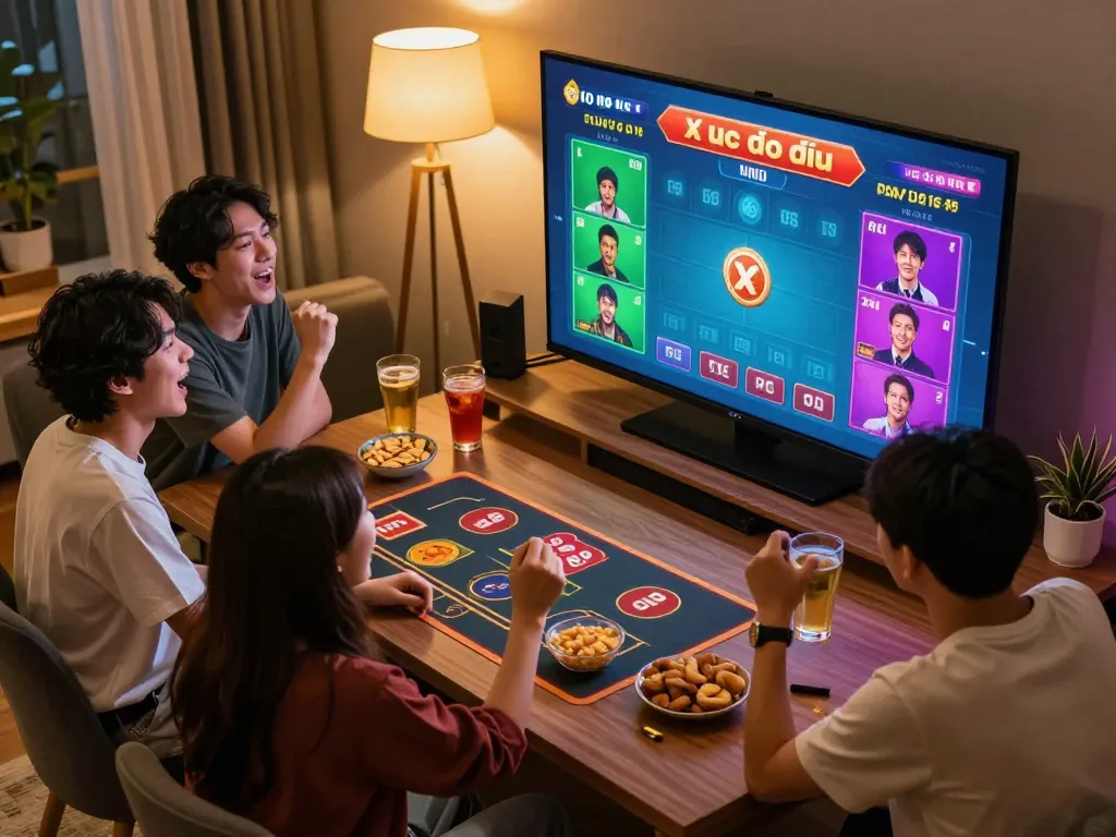 Xóc đĩa gameplay action with friends cheering in a lively home gaming session.