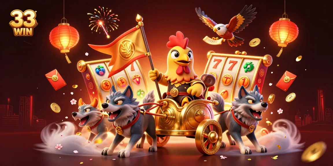Engage with the thrilling world of 33 WIN as you spin colorful slot reels, surrounded by festive decorations.