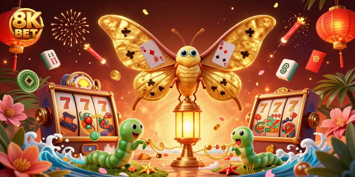 Engage with the vibrant world of 8K BET featuring a golden atlas moth in a rich casino scene.