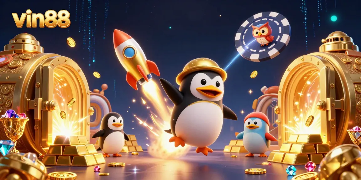 Experience excitement at vin88 as a golden penguin takes flight towards a dazzling casino.