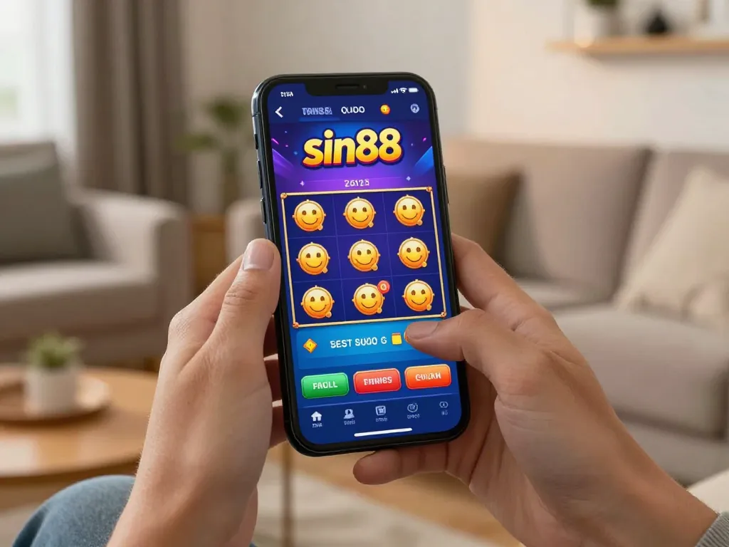 Engaging with sin88 slot on a smartphone while enjoying a cozy home setting and warm ambiance.