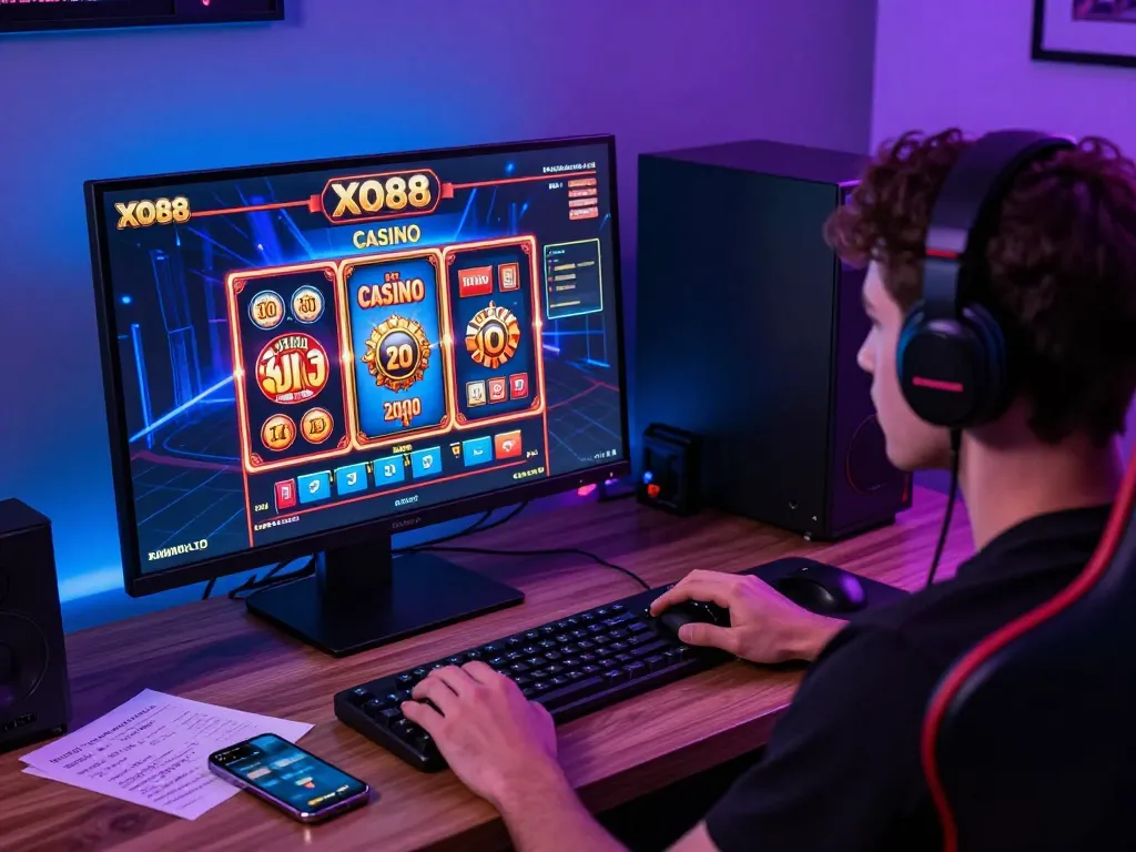 Engaging and inviting home gaming setup for XO88 CASINO showing vibrant slot graphics.