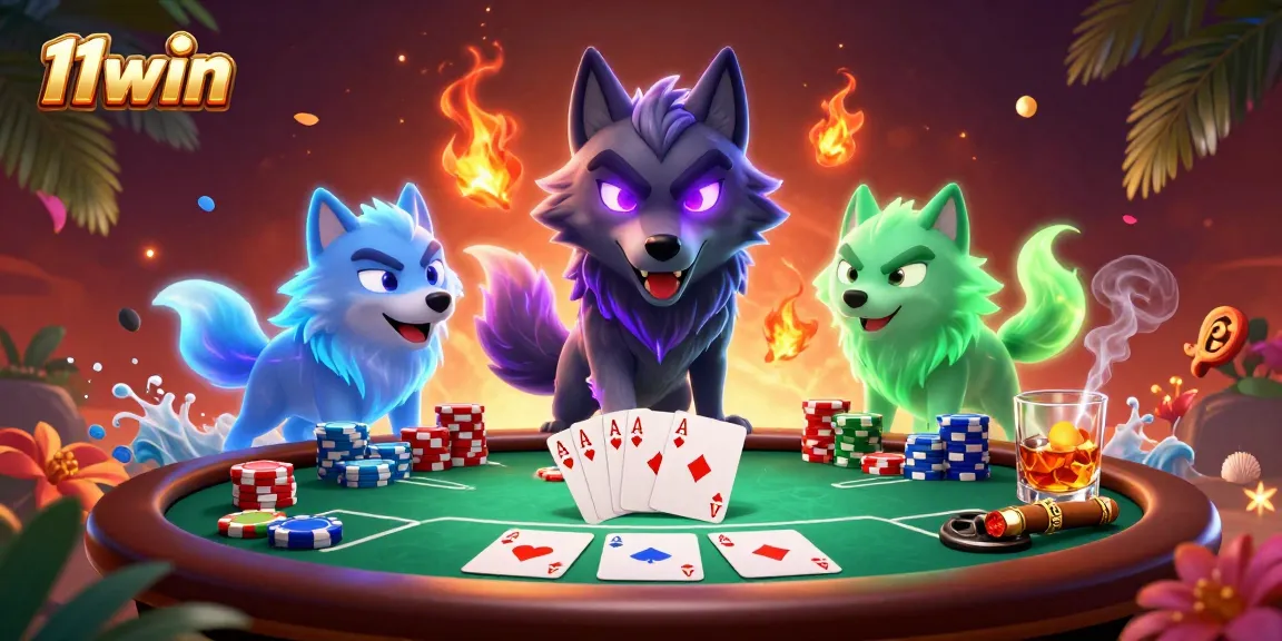 11win showcases a vibrant poker scene with cartoon wolves and game elements.