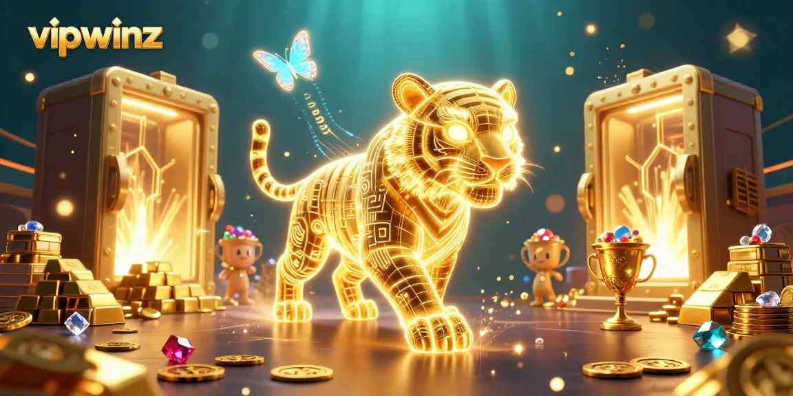 Experience the thrill of vipwinz with a vibrant casino scene featuring a golden tiger and dazzling treasures.