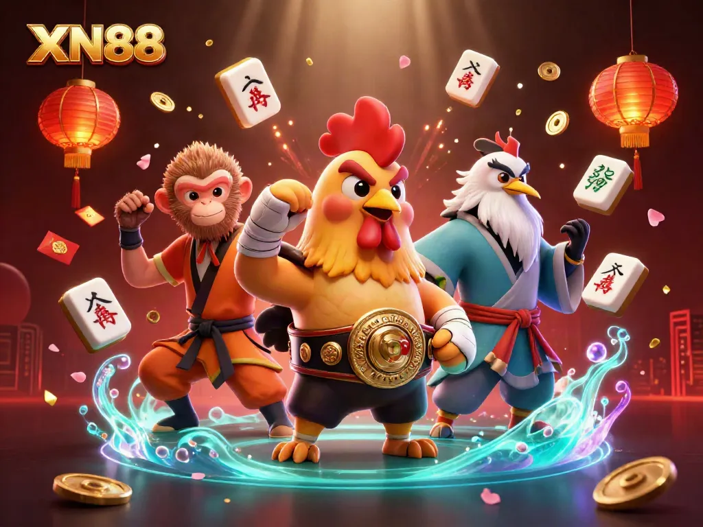 Experience XN88's vibrant casino scene with dynamic characters and festive elements in a lively setting.