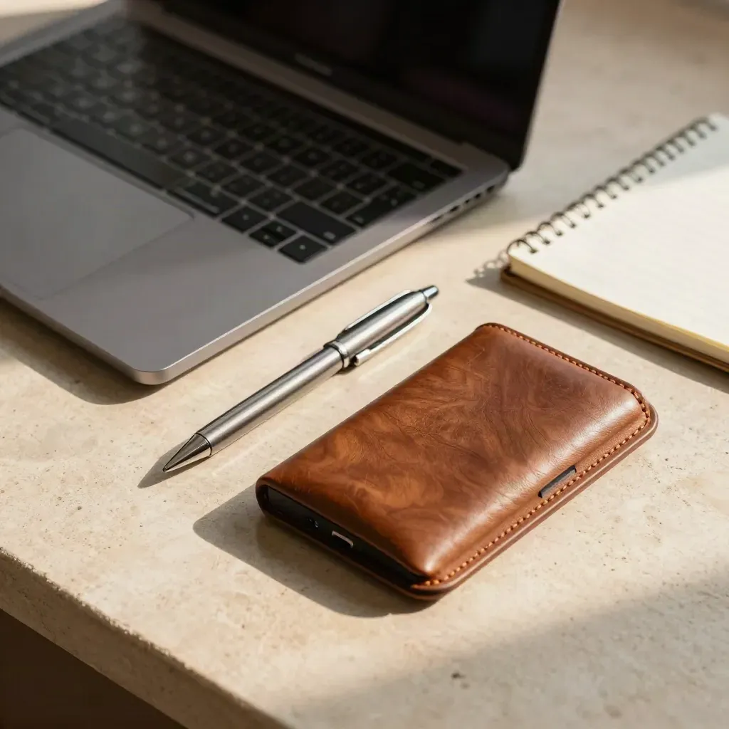 Resetkit voor een freelancer: laptop, notitieboek, pen, pasjeshouder en powerbank op een lichte stenen tafel.