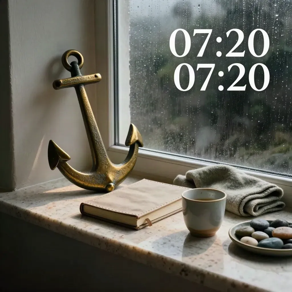 Brass anker, linnen journal, plaid en beker in mistig coachinginterieur.