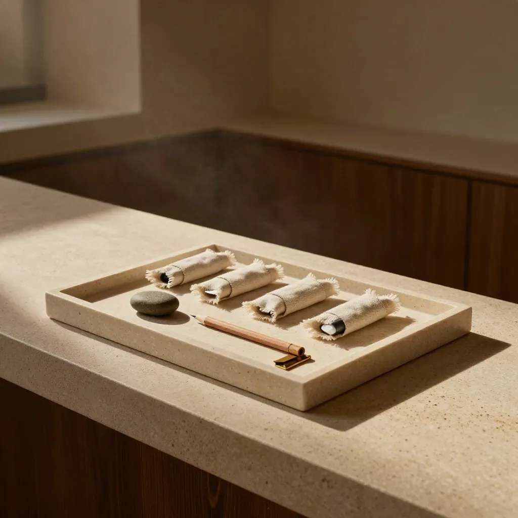 Linnen markers, steen, potlood en messing clip in een ondiepe tray op een zandkleurige ledge.