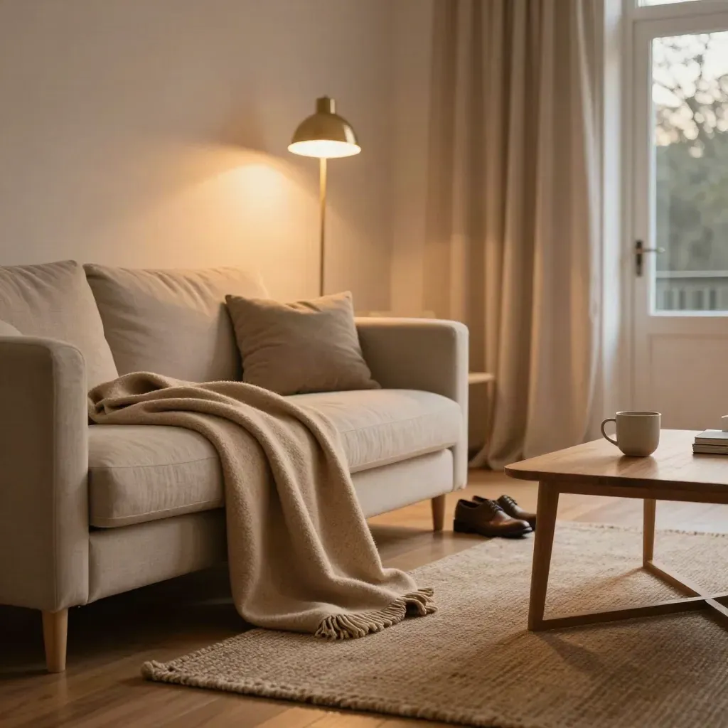 Rustige woonkamer bij avondlicht met opgevouwen plaid, schoenen bij de deur en warme lamp.