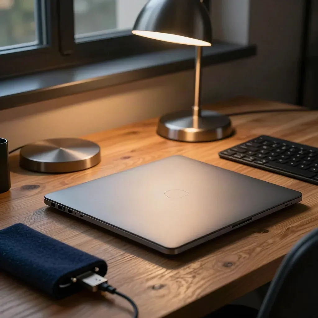 Werkplek in de avond stilgelegd: laptop dicht, lamp uit en stoel netjes aangeschoven.