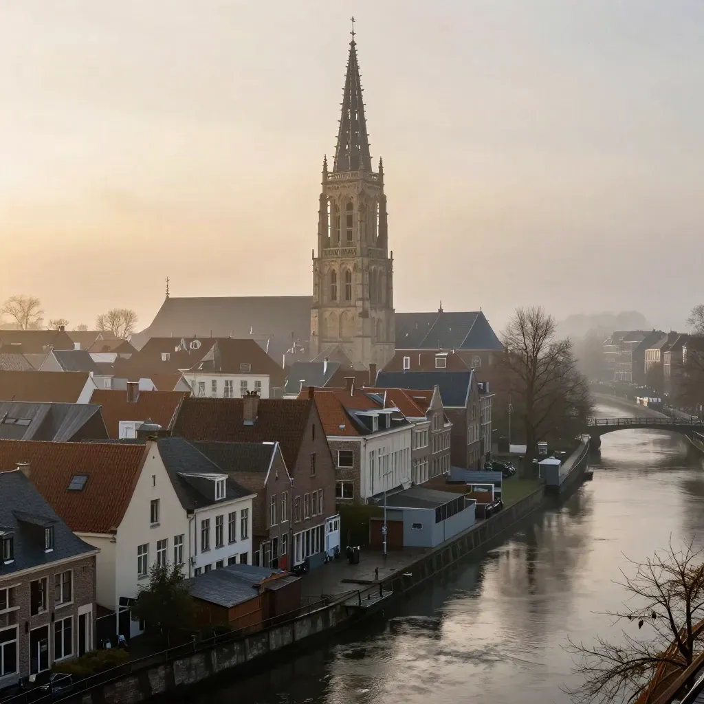 Domtoren boven mistige Utrechtse daken en grachten in zacht ochtendlicht.