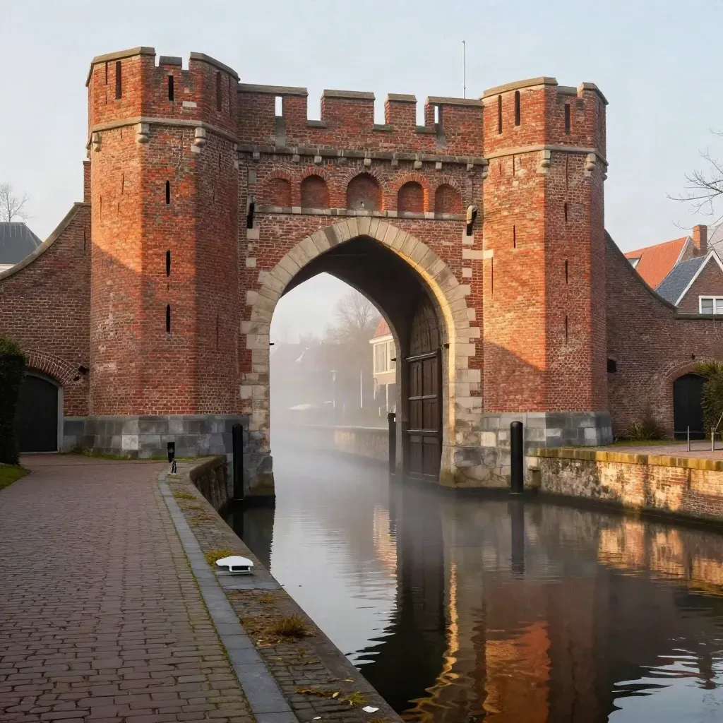 Oude stadspoort van Amersfoort boven een mistige gracht bij gouden ochtendlicht
