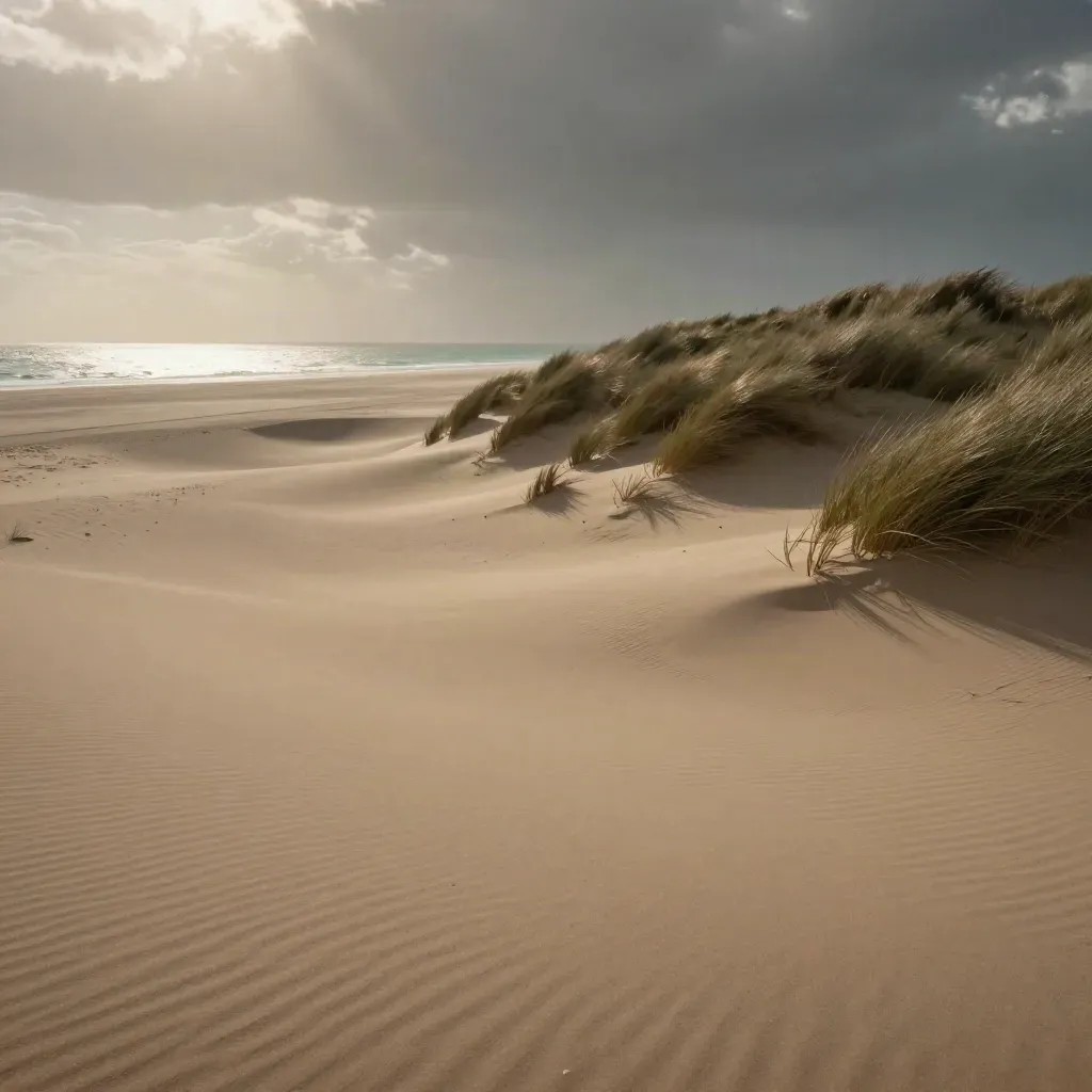 Duinrug aan de kust met gras, zand en een smalle zeehorizon onder een zware lucht