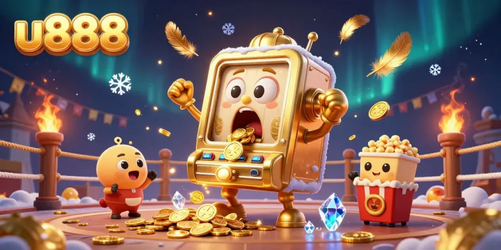 Hit the jackpot with u888's golden slot machine scene filled with excitement and cheers.