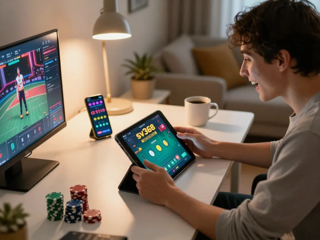 Engaging in sv368 đá gà betting on tablet at a cozy home gaming setup