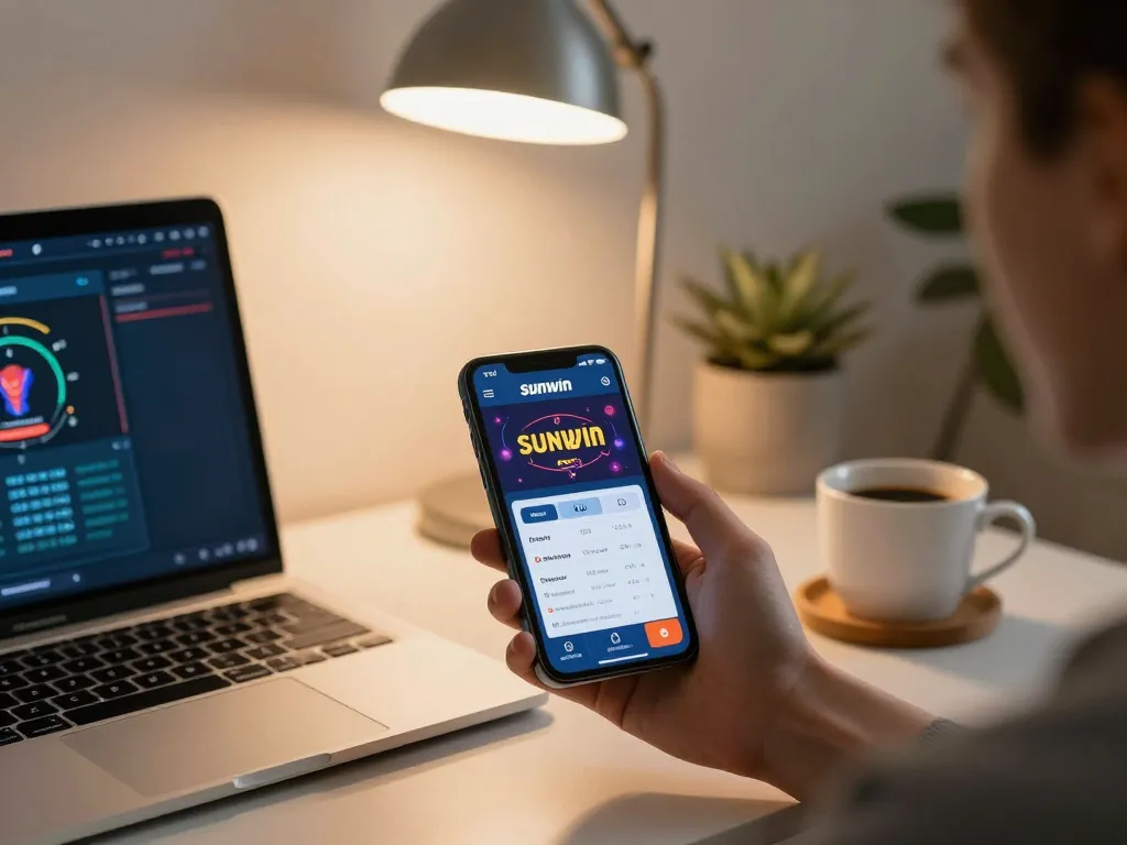 Player engaging with the sunwin app on smartphone while managing their betting strategies in a cozy home setting.