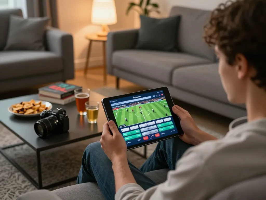 Socolive user engaging with sports betting via tablet in a cozy home setting.