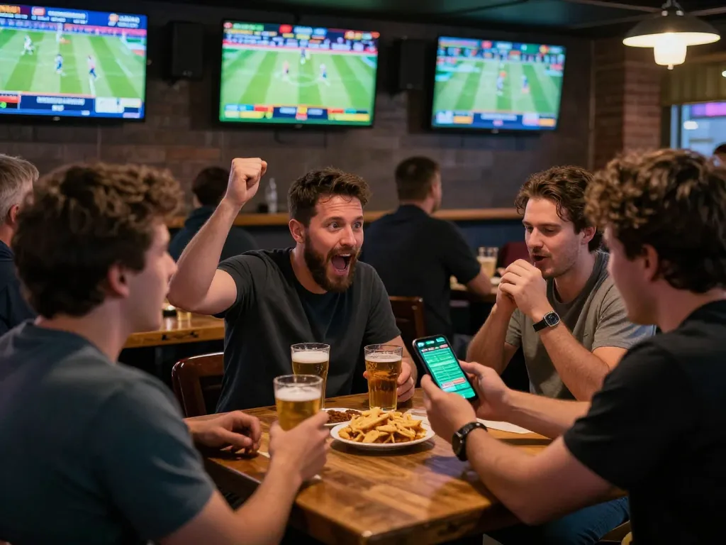 Exciting sports fans engaging in live betting with 888newbet on smartphones in a vibrant sports bar.