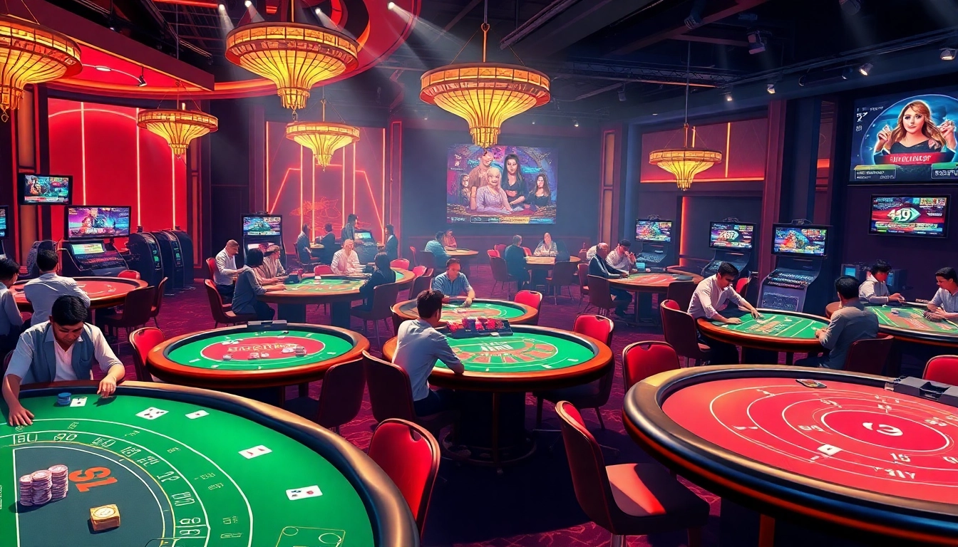 Exciting casino scene showcasing 69VN's vibrant online gambling experience with dynamic gaming tables and immersive atmosphere.