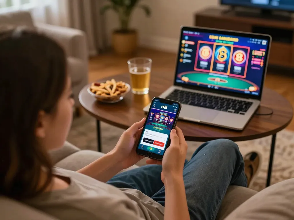 Engaging in online gaming at o8, an enthusiastic player exploring exciting casino options on their smartphone.