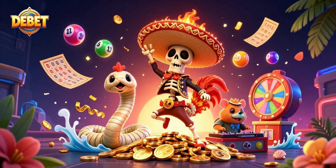 DEBET's vibrant casino scene features dancing characters, lively games, and bright colors for thrill.