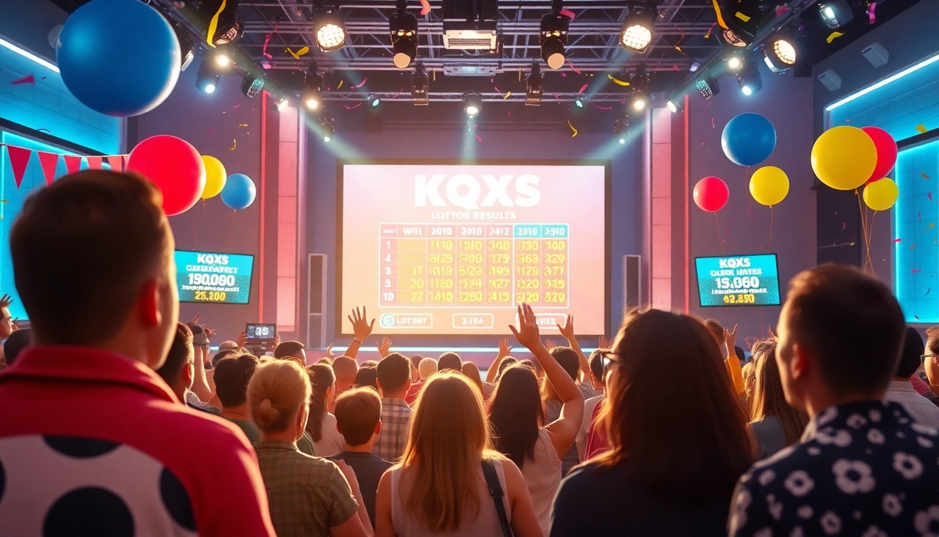 Dynamic Kqxs lottery drawing event with excited audience and vibrant visuals.