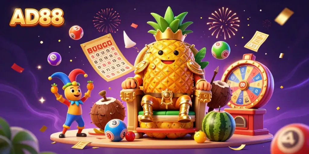 Experience AD88's vibrant casino scene filled with lively characters, lottery elements, and energetic gameplay.