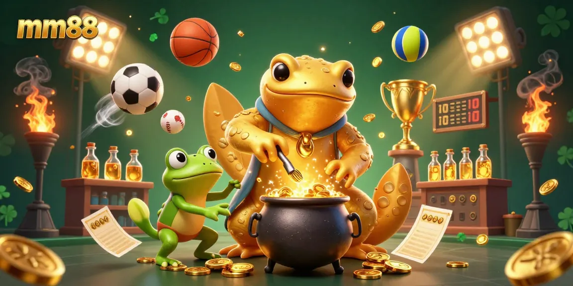 Experience the excitement of mm88 with a vibrant 3D scene showcasing sports betting and alchemical magic.