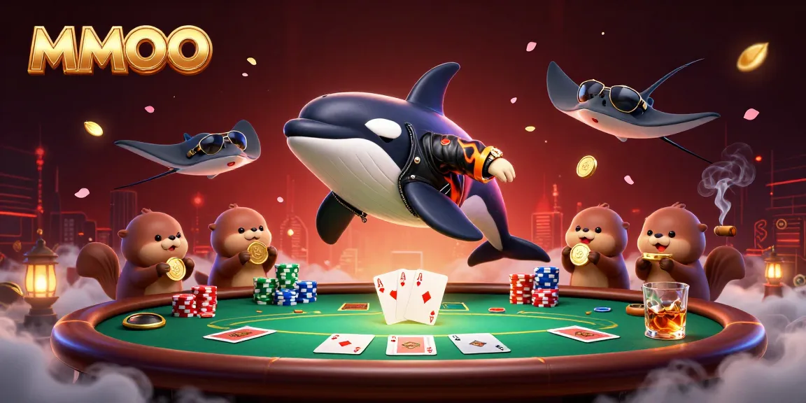 MMOO casino scene featuring a whale and otters celebrating with poker rewards in a vibrant 3D setting.