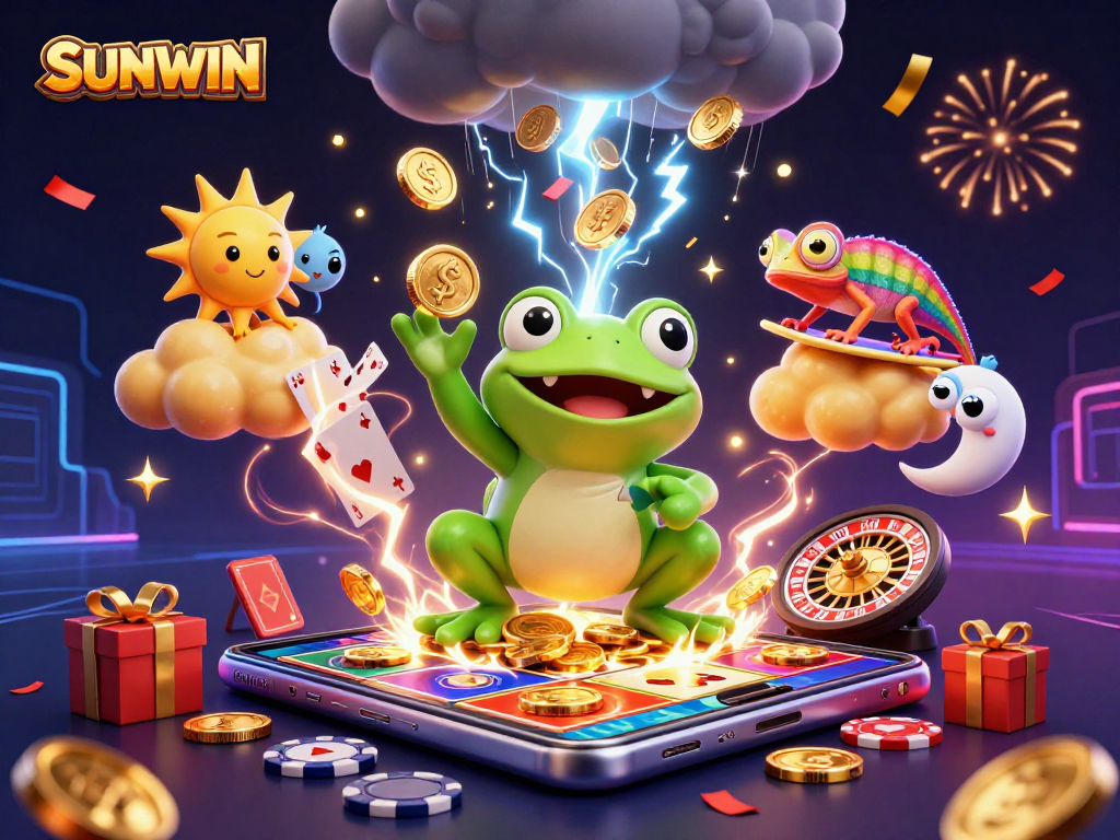 SUNWIN unleashes a whirlwind of excitement with vibrant characters and casino games in a dynamic 3D illustration.
