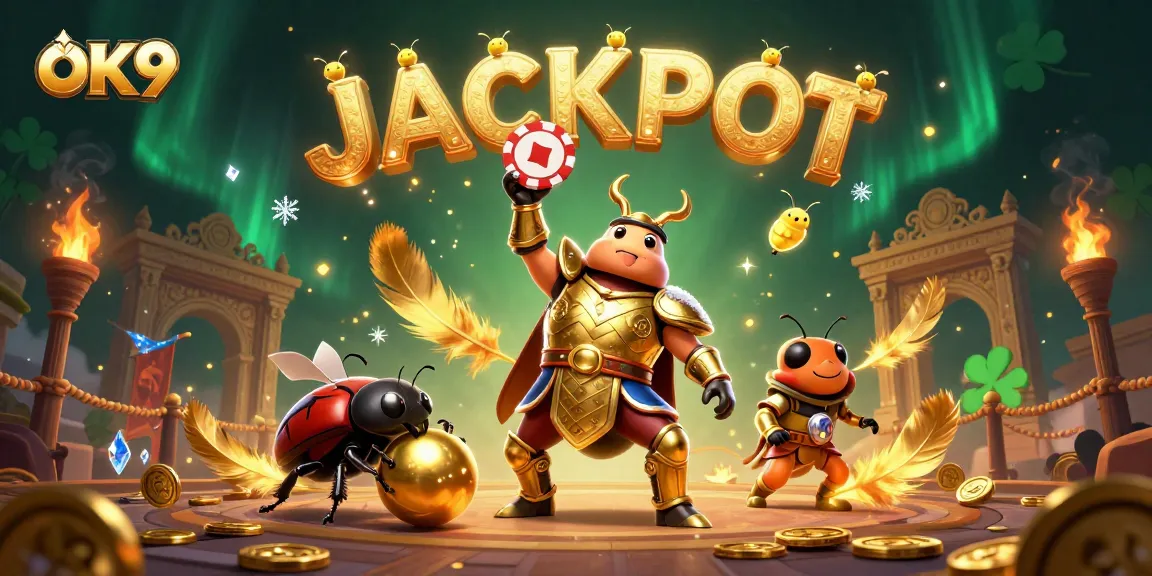 Experience thrilling victories with OK9 as a hercules beetle celebrates a poker win against a vibrant casino backdrop.