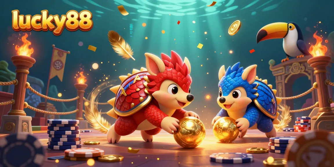 Experience thrilling moments with lucky88 as rival pangolins bowl through poker chips in a dynamic casino scene.